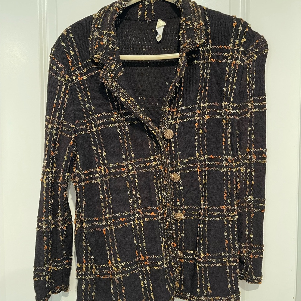 Textured Black Tweed-Style Button Up Jacket with Multicolor Windowpane